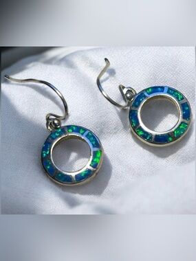 Stunning Blue Opal Inlay 925 Sterling Silver Circle Drop Earrings